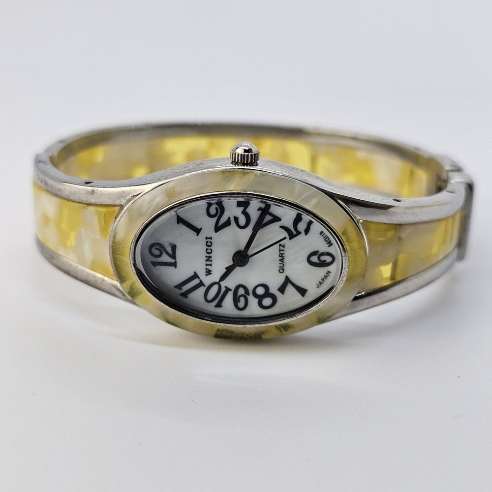 Women's‎ Cufff Bracelet Watch 22MM White Dial Yellow Gray Band 6" New Battery